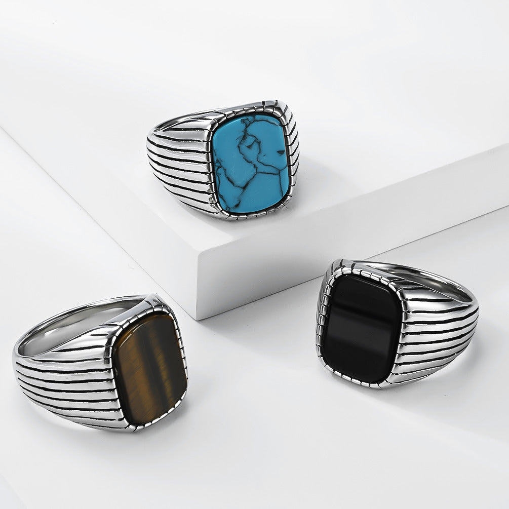Vintage Inlaid Stainless Steel Men's Ring