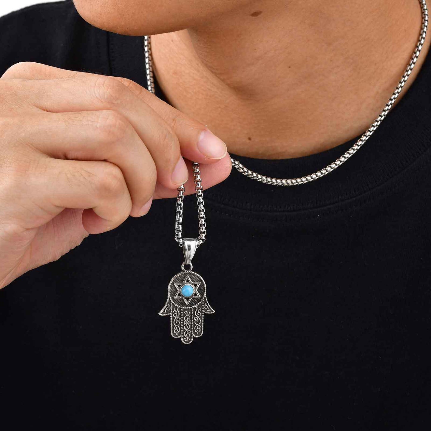 Planderful Stainless Necklace Men Hexagram Fatima Pendant