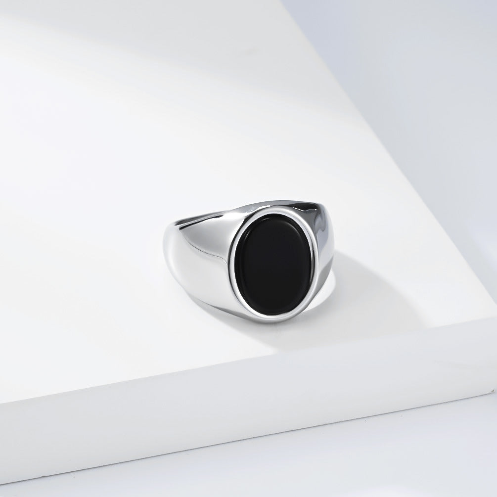 Planderful Titanium Steel Ring For Men Bold Black Stone Oval Geometric Design Everyday Jewelry