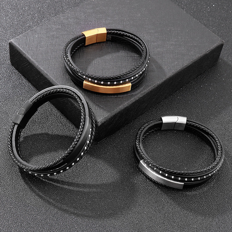 Planderful Leather Woven Steel Magnet Buckle Bracelet Men
