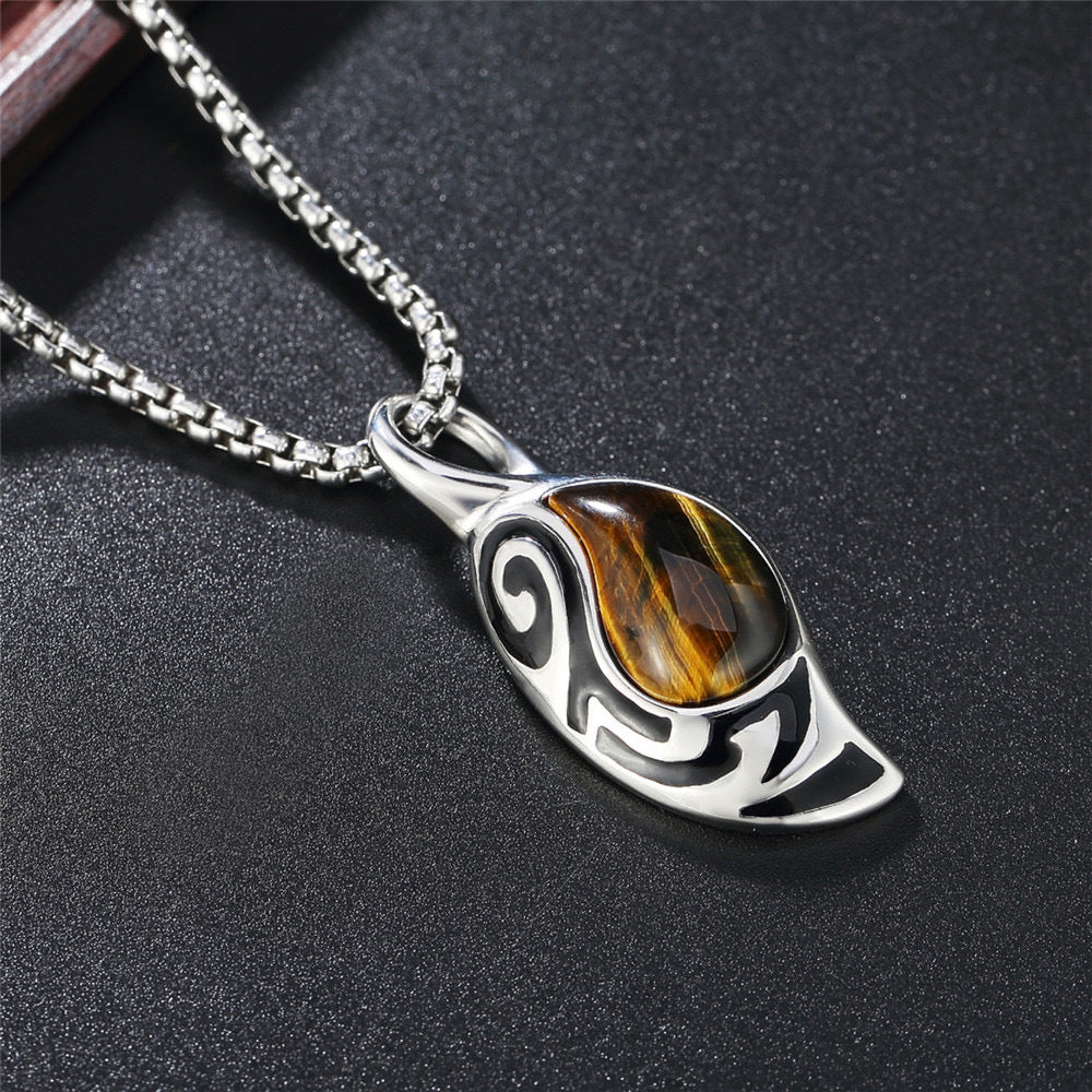 Planderful Tiger Eye Titanium Steel Mens Necklace Fade Resistant Pendant Durable European Style Jewelry