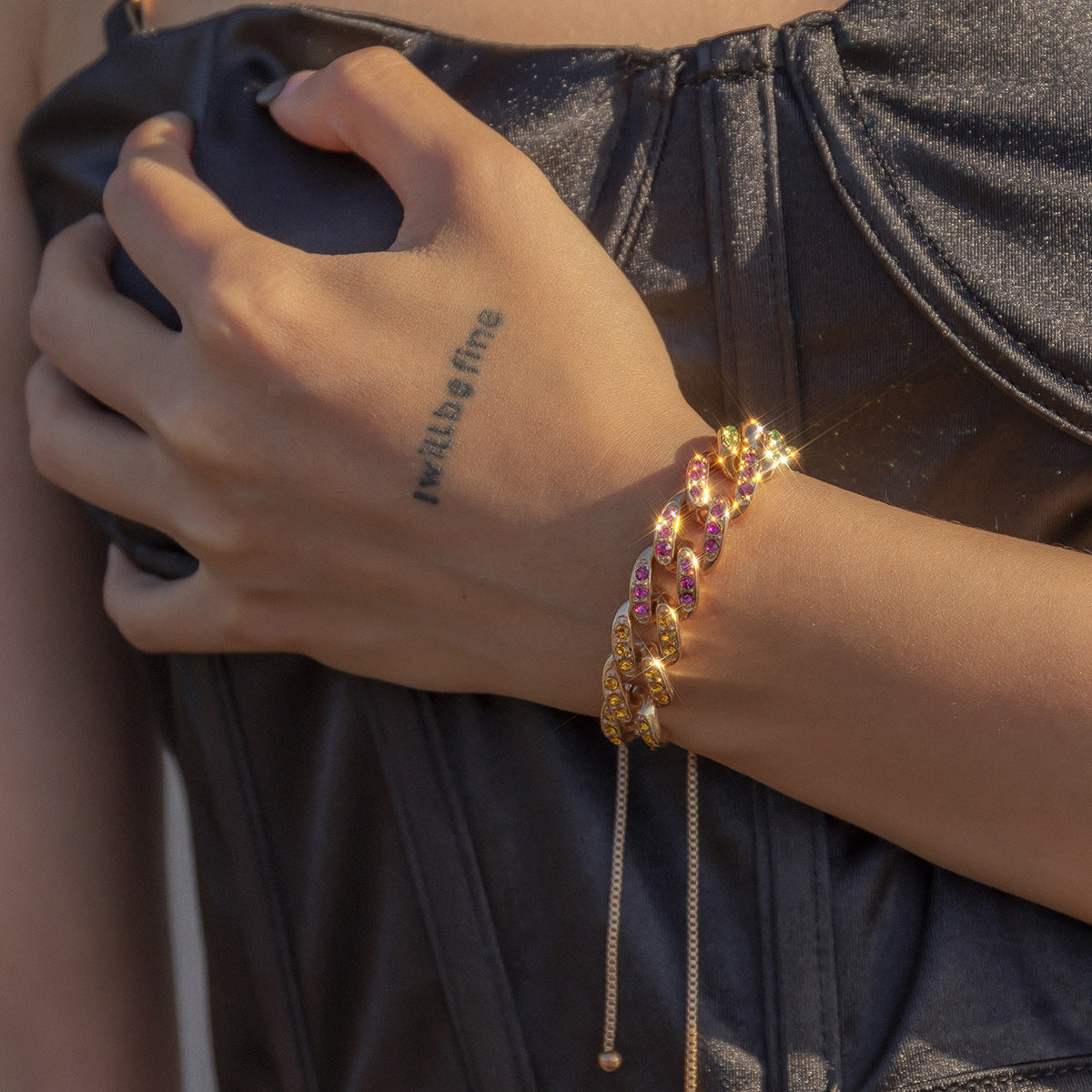 Planderful Vienna Verve Adjustable Colored Zircon Cuban Chain Bracelet For Women Statement Piece