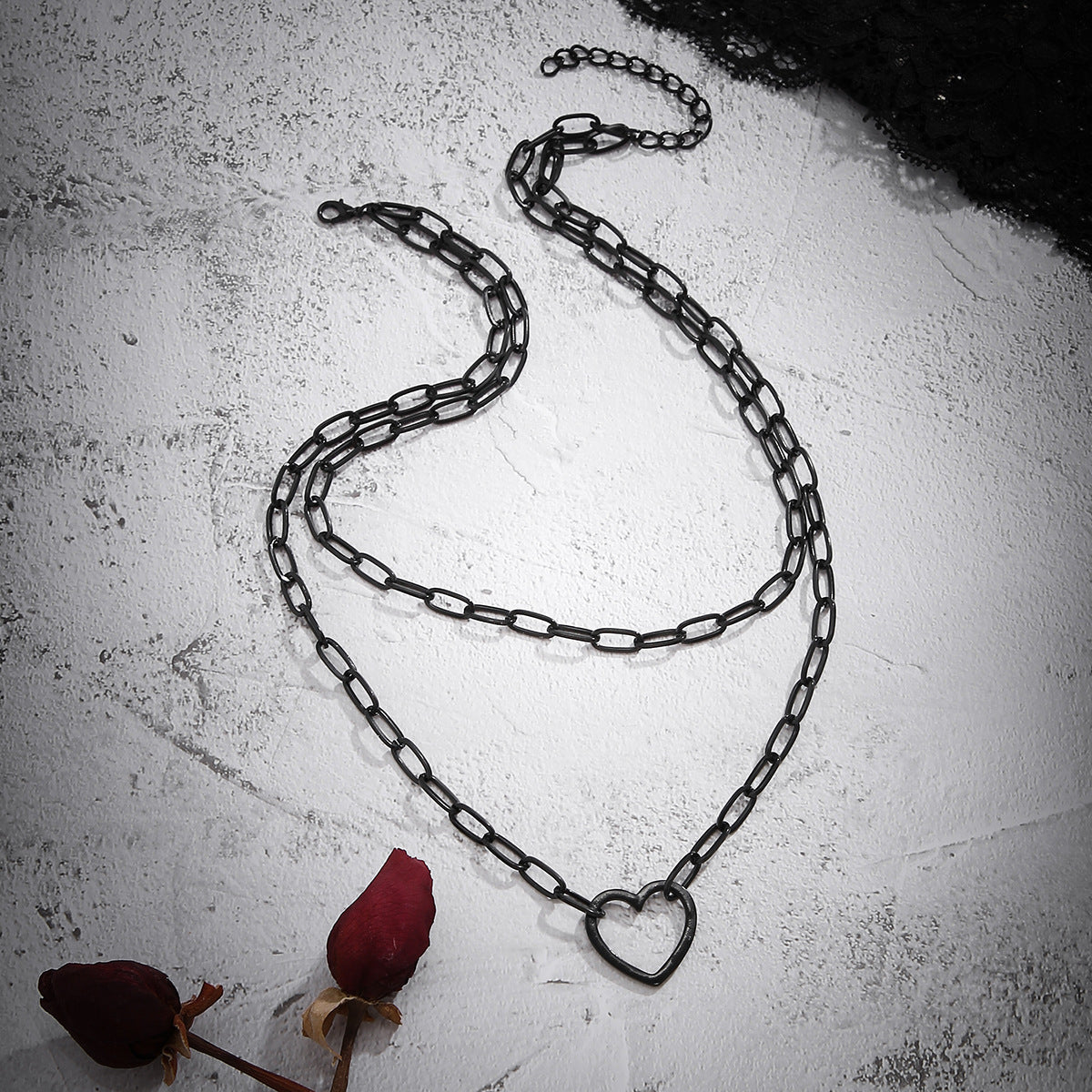 Cyberhip-hop Black Cross Chain Necklace and Retro Heart-shaped Double-layer Collarbone Necklace from Europe and America