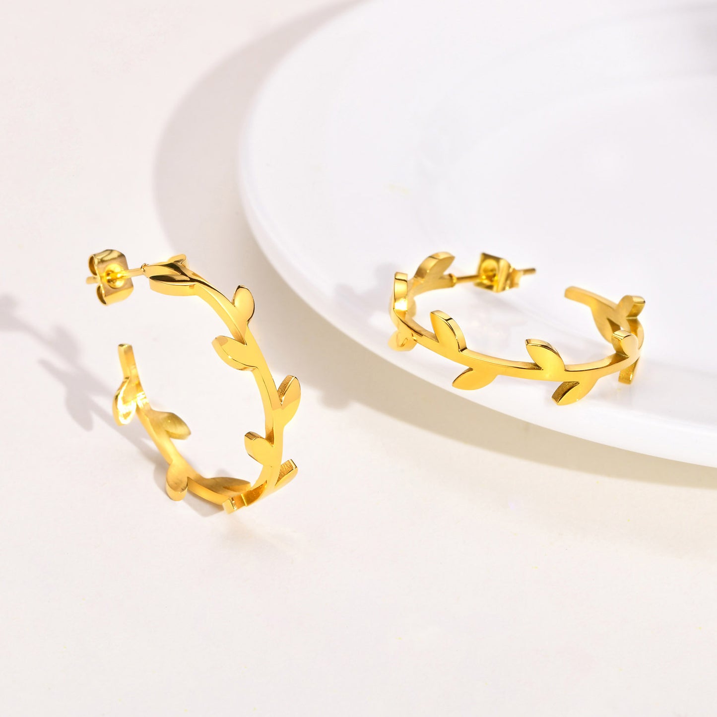Stainless Steel Leaf C-Shaped Earrings Gold Women Jewelry