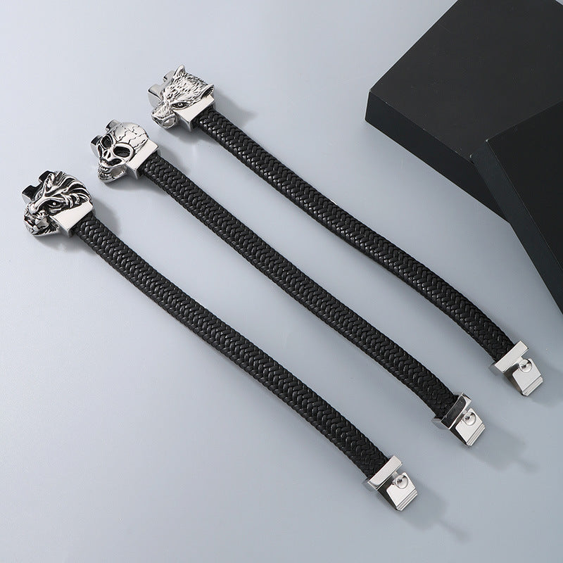 Planderful Wolf Head Leather Bracelet For Men Personalized