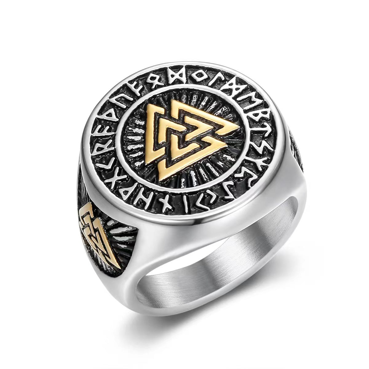 Triangular Runes Nordic Vintage Stainless Steel Men's Ring Viking Triangle Symbol Rune ...