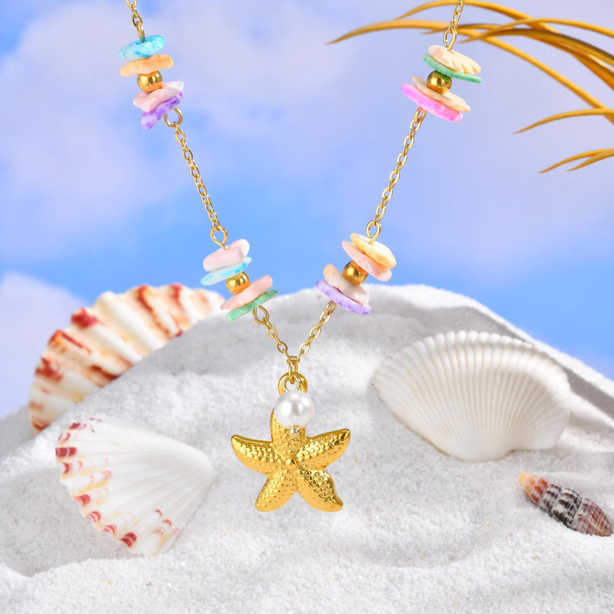 Seaside Summer Small Fresh Ocean Wind Stainless Steel White Shell Square Piece Metal Necklace
