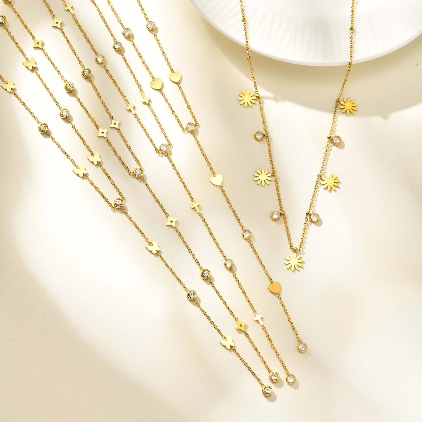 Style Lady Stainless Steel Tetragonal Star Cross Butterfly Heart Zircon Necklace