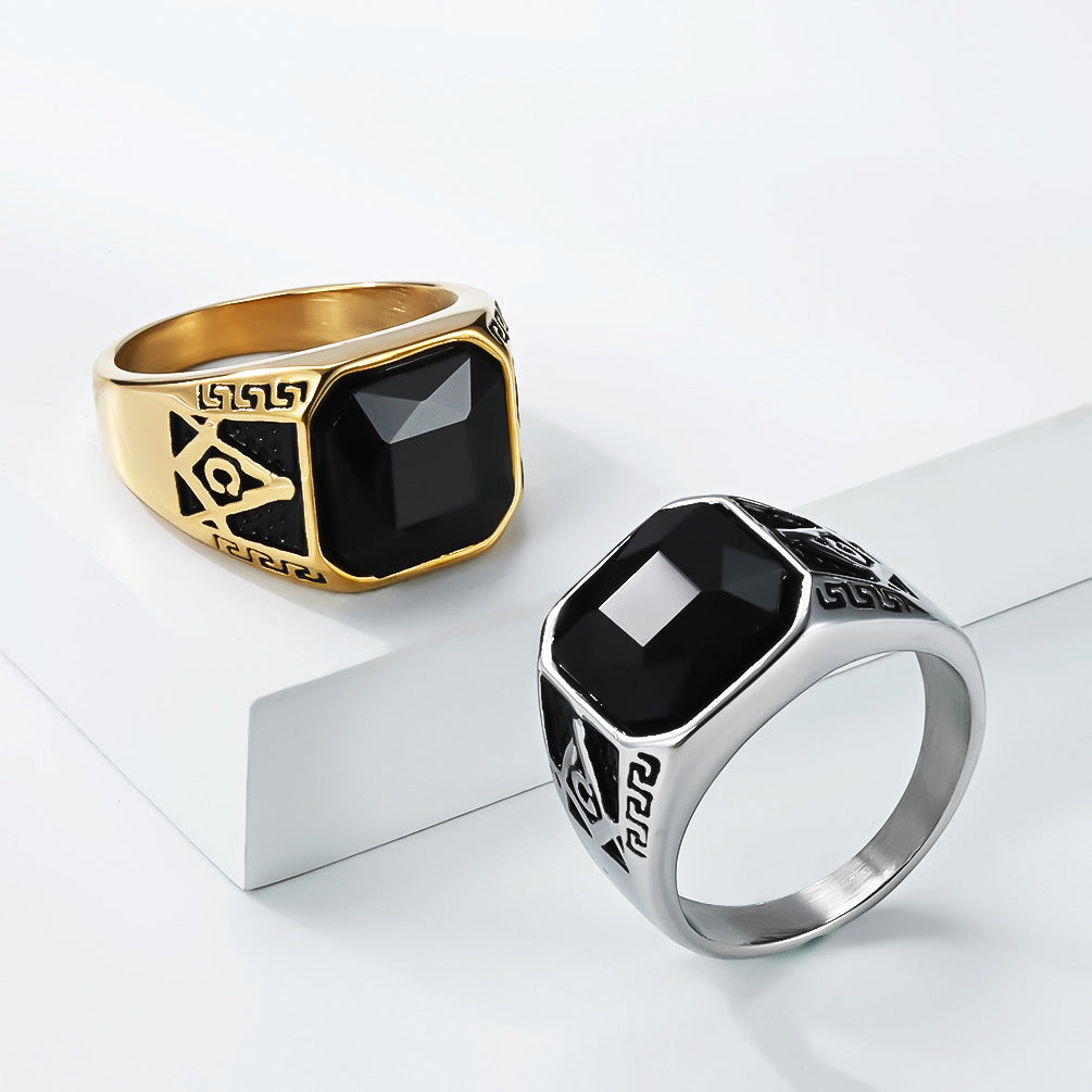 Planderful Freemason Black Stone Ring For Men Unisex Retro Fraternity Symbol Everyday Genie