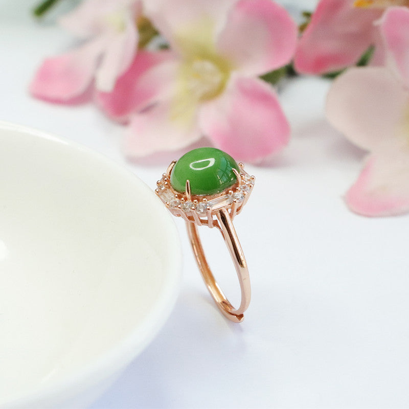 925 Sterling Silver Hetian Jasper Round Cabochon Ring