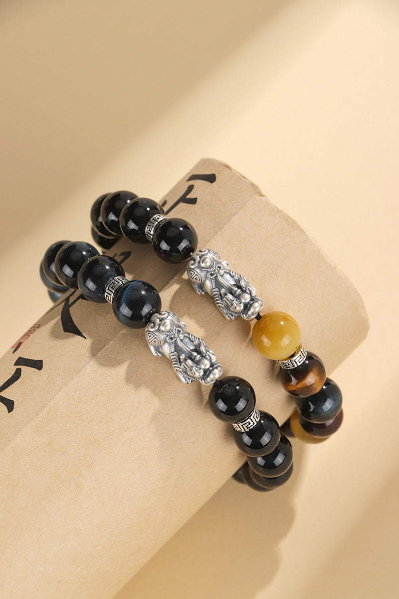 999 Silver Black Agate Pixiu & Tiger Eye Bracelet