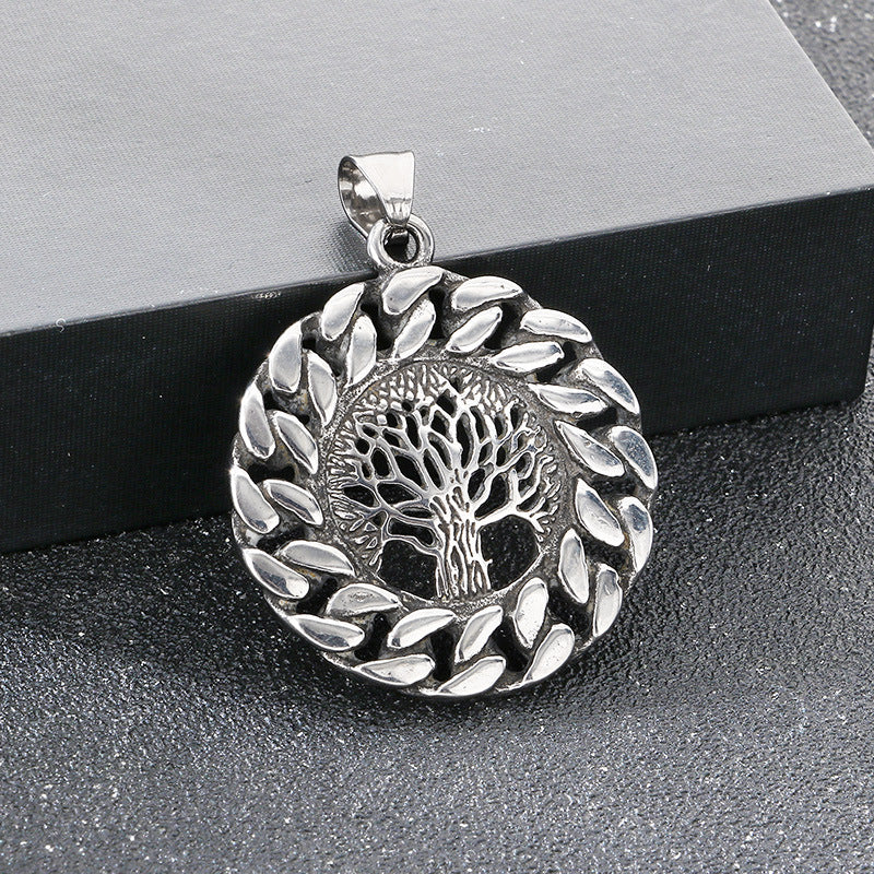 Nordic Viking Mythology Ouroboros Tree Of Life Pendant, Retro Round Stainless Steel Men's Necklace