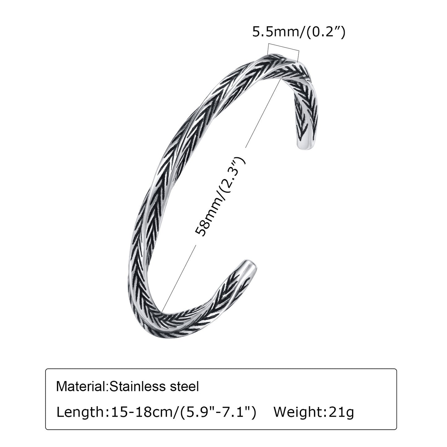 Mens Stainless Steel Open Bracelet Vintage Twist Braided Feather