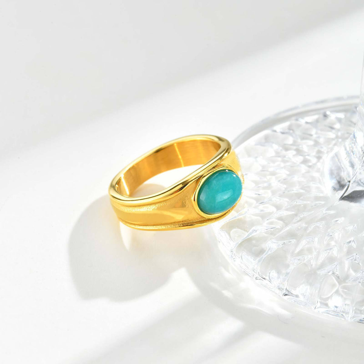 Stainless Steel Oval Egg Surface Tianhe Stone Ring Gold