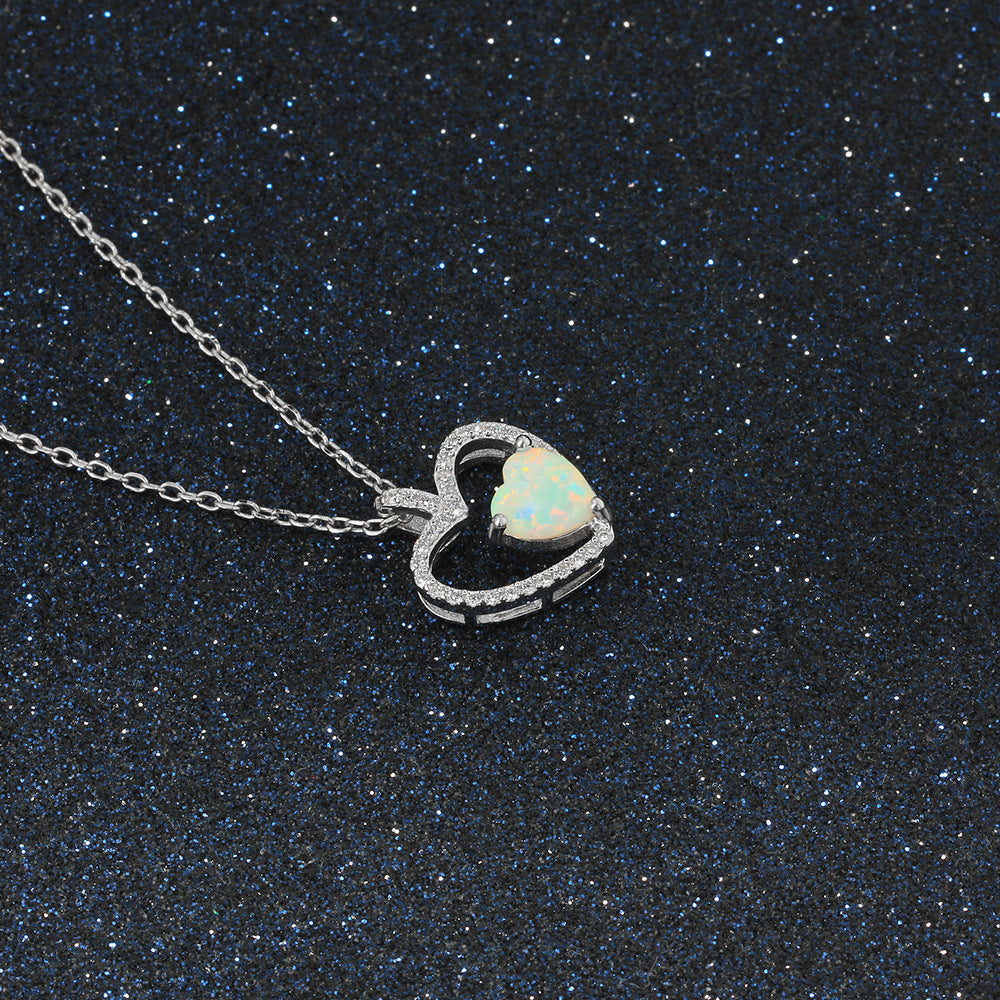 Planderful Jewelry Opal Heart Necklace in Sterling Silver with Elegant Heart Pendant