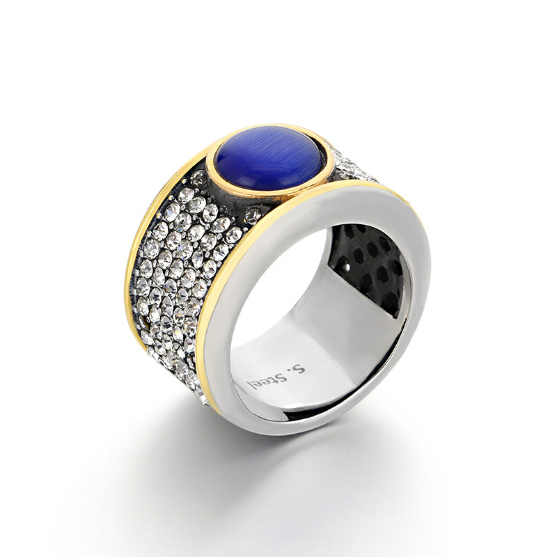 Hophip Full Zircon Jewelry, Vintage French Luxury Zircon Sapphire Titanium Steel Men's Ring