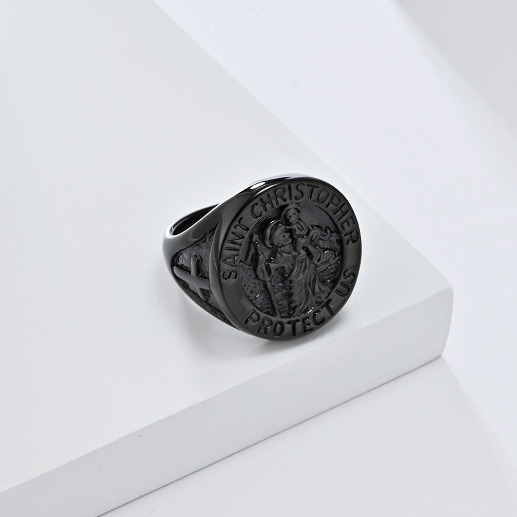 Planderful St Christopher Titanium Steel Ring For Men Retro Punk Street Style Premium Hand Jewelry Everyday Genie