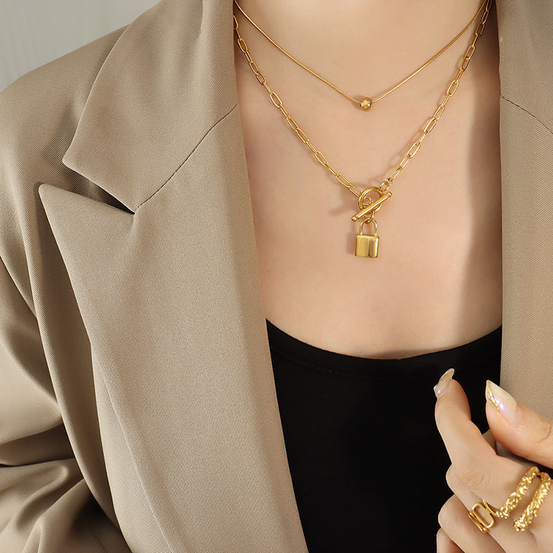 Cold and Chic Titanium Steel Necklace with OT Buckle and Steel Ball Pendant