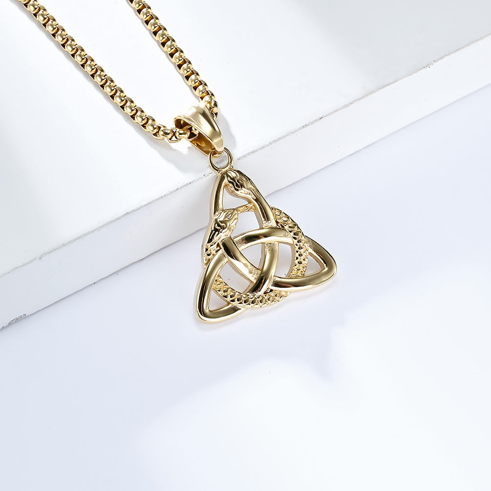 Planderful Viking Double Headed Snake Triangle Knot Necklace For Men Durable Titanium Steel Eternal Knot Pendant