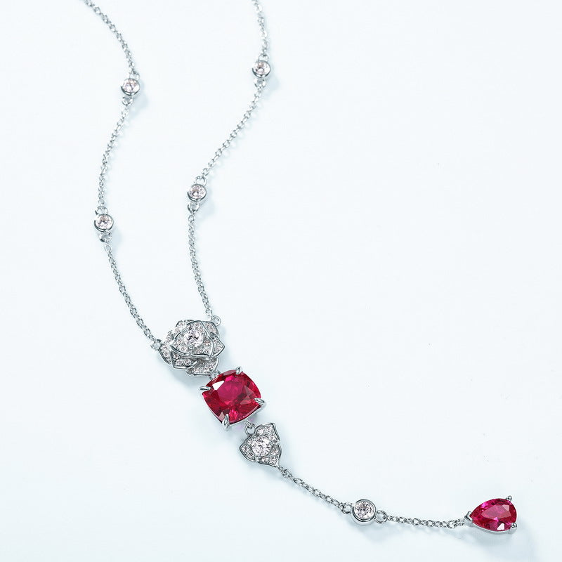 S925 Sterling Silver Lab-Grown Ruby Rose Necklace