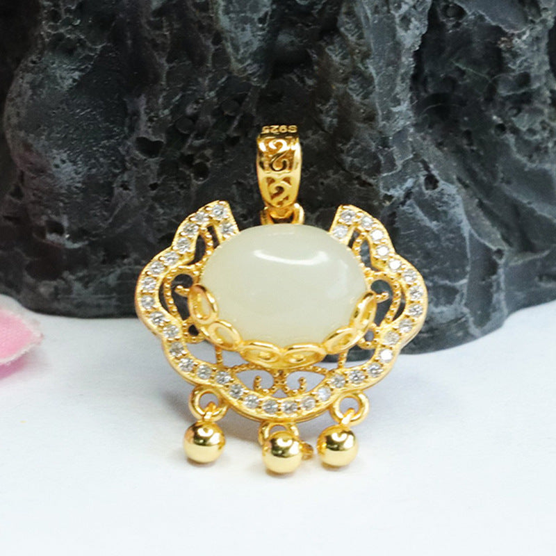 Sterling Silver Hetian Jade Pendant with Zircon Ruyi Lock Necklace