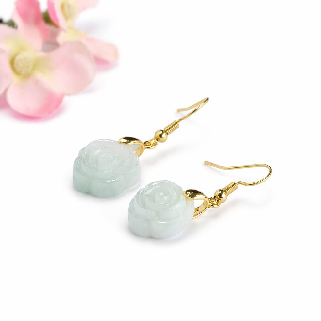 Jadeite Rose Flower Hook Earrings