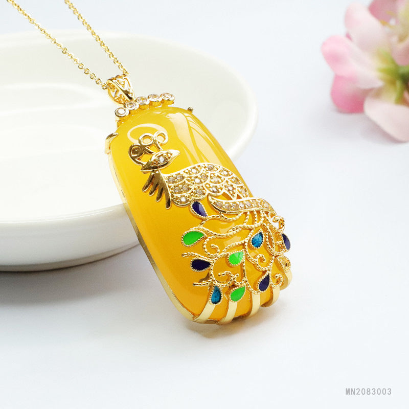 Yellow Chalcedony Cloisonné Phoenix Plaque Pendant — No Chain