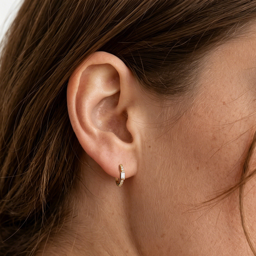 S925 Sterling Silver Zircon Earrings And Versatile Square Zircon Earrings, Ear Buckles, Ear