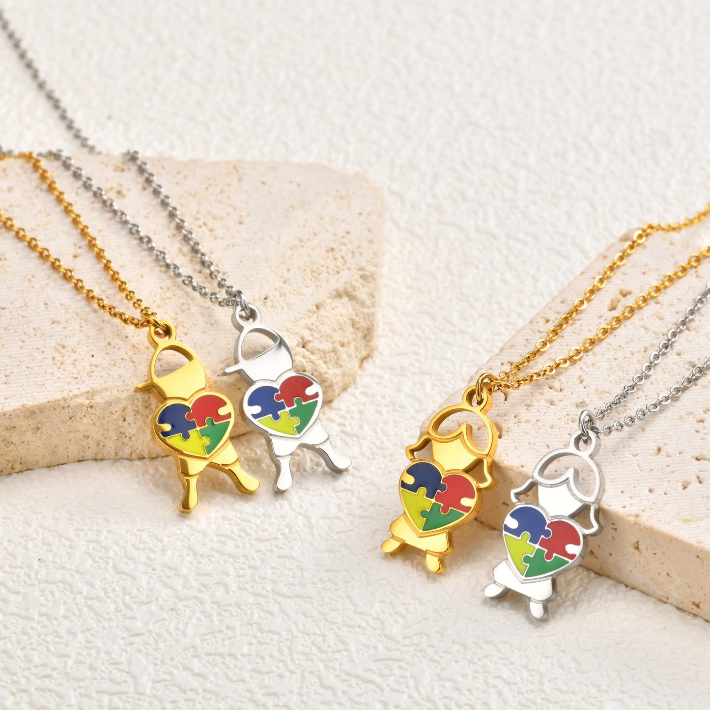 Stainless Steel Epoxy Heart-Shaped Puzzle Children's Necklace