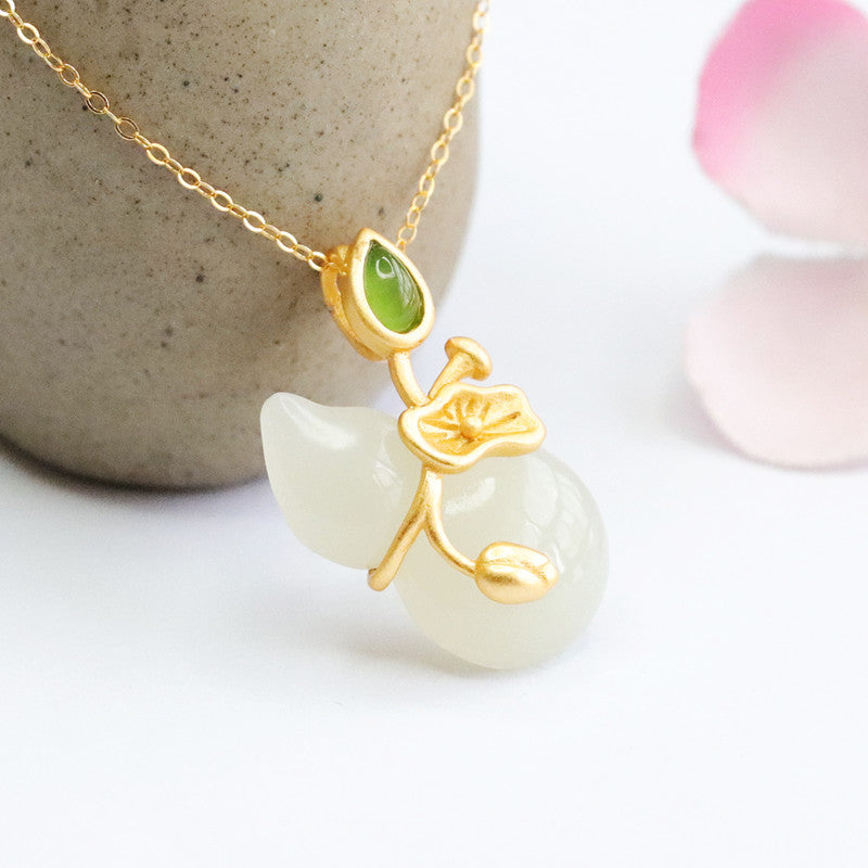 Sterling Silver Necklace with Natural Hotan White Jade Gourd and Lotus Design