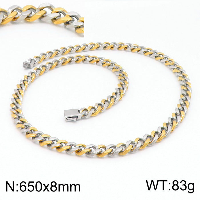 Stainless Steel Cuban Chain Bracelet, Rock Street Men's Vacuum Plated Four-Sided Grinding Square Necklace
