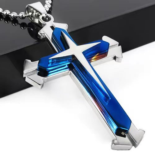 Planderful Titanium Steel Three Layer Slit Cross Pendant For Punk Style Lovers And Bold Everyday Wear