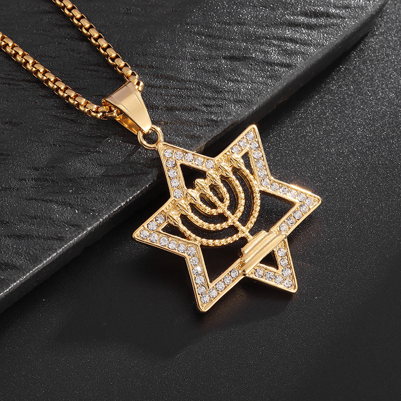 Planderful Everyday Genie Men's Six Pointed Star Necklace Titanium Steel Gold Plated Rhinestones Hip Hop Pendant