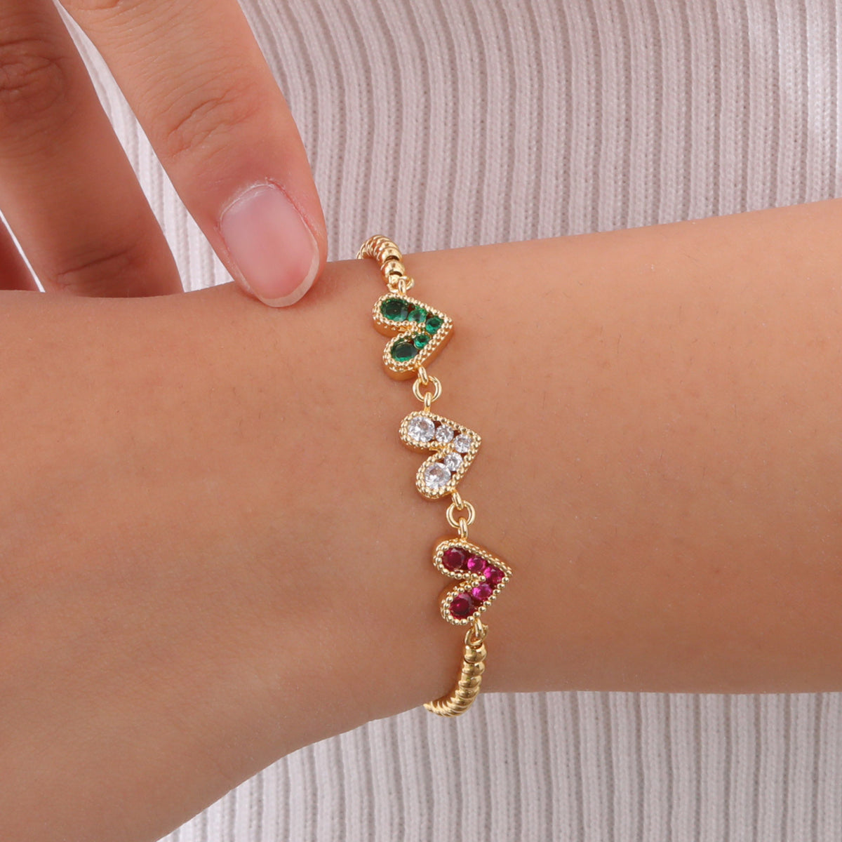 Copper Box Chain Red White Green Heart Zircon Pulled Gold Bracelet