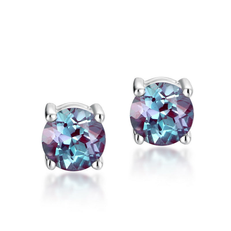 S925 Sterling Silver Moss Agate & Lab-Grown Alexandrite Minimalist Stud Earrings