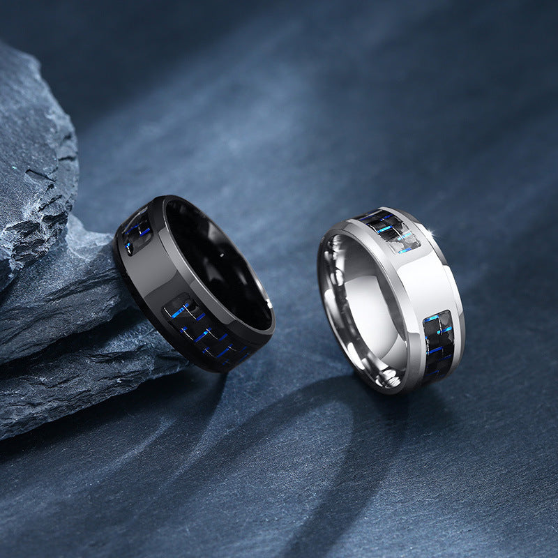 Face Width 8MM Stainless Steel Men's Ring Blue Black Carbon Fiber