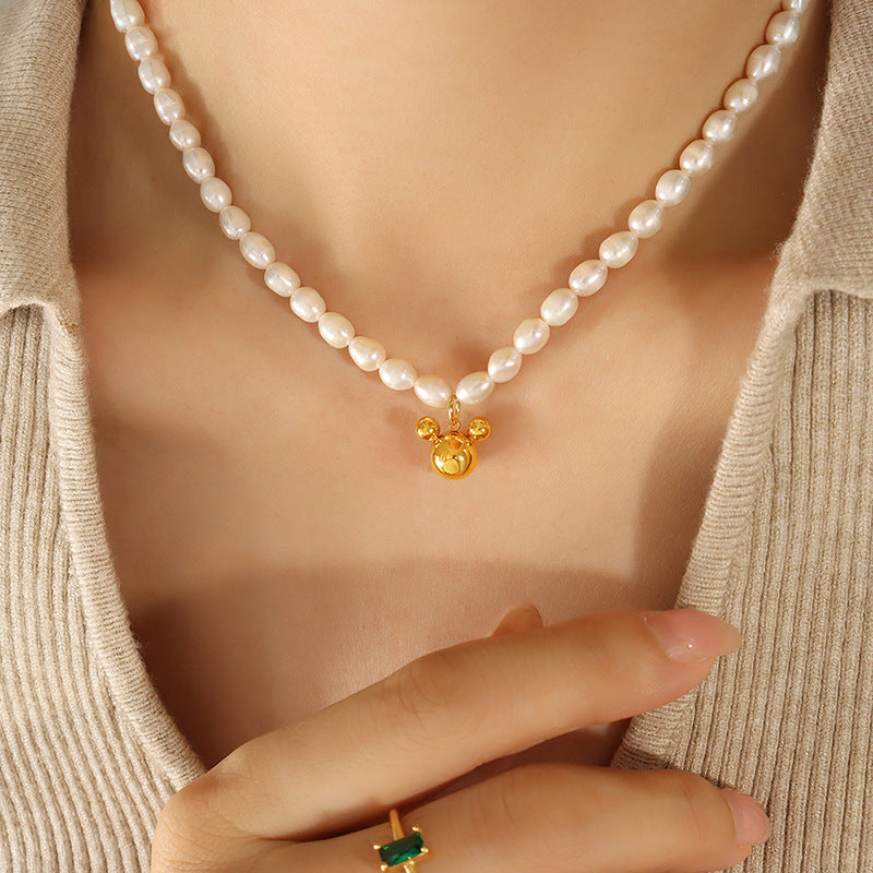 Freshwater Pearl Necklace with Cartoon Mouse Charm