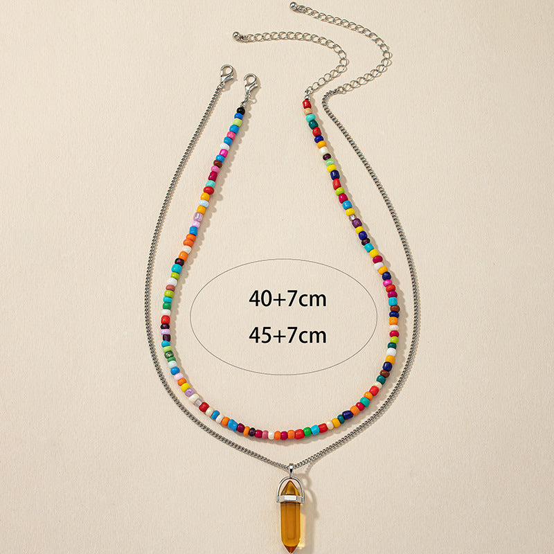 Retro Stone Beaded Necklace with Hexagonal Pendant and Unique Design Touch, Ideal for European and American Markets