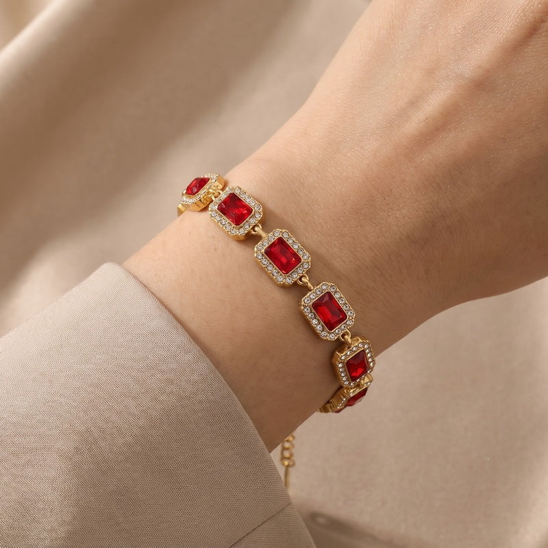 Color Surrounding Square Zircon Stainless Steel Bracelet Palace Style Adjustable