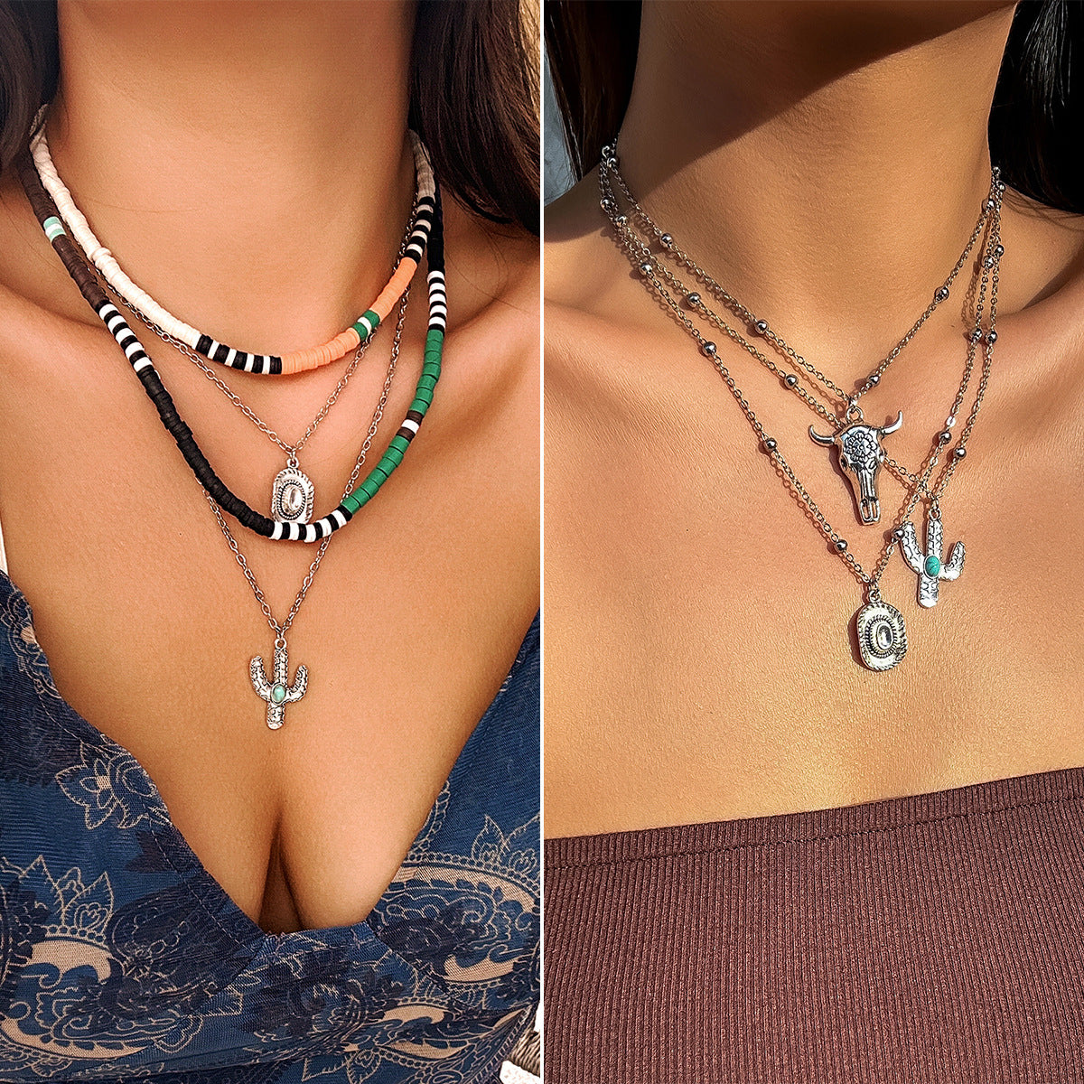 European and American Jewelry Retro Turquoise Sweater Chain Necklace Set