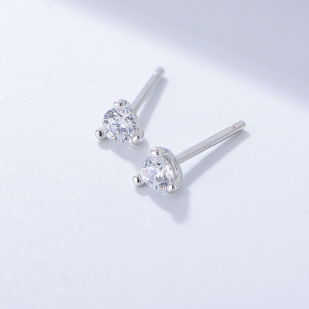 S925 Sterling Silver Three-Claw Round Zircon Stud Earrings Mini Earrings Trinkets