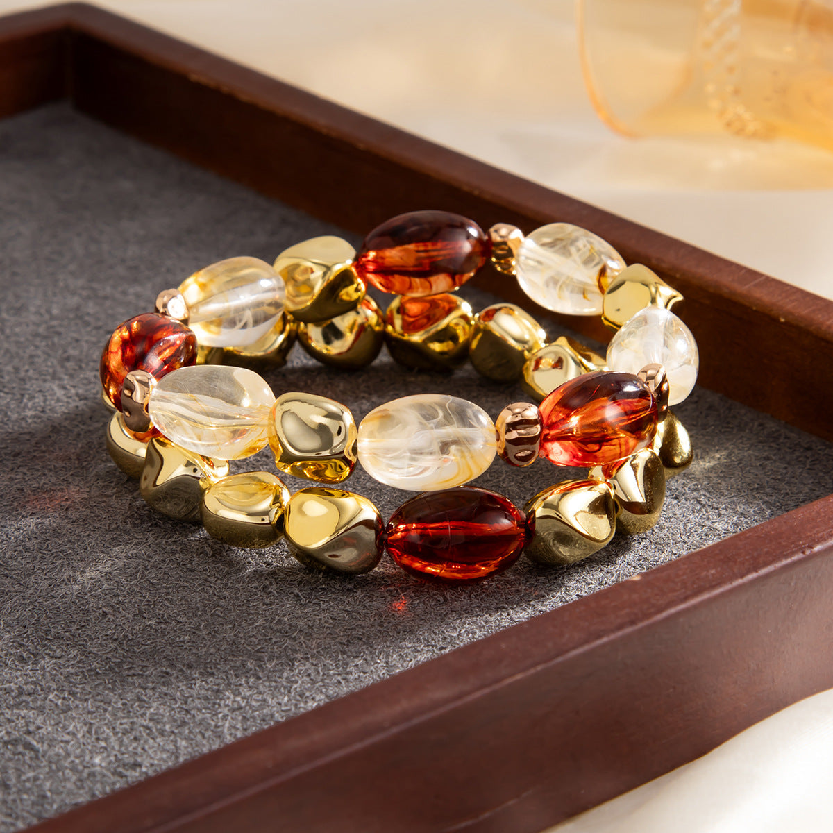 Amber Beaded Stacked Bracelet Knock Pattern Smudge Elastic Bracelet