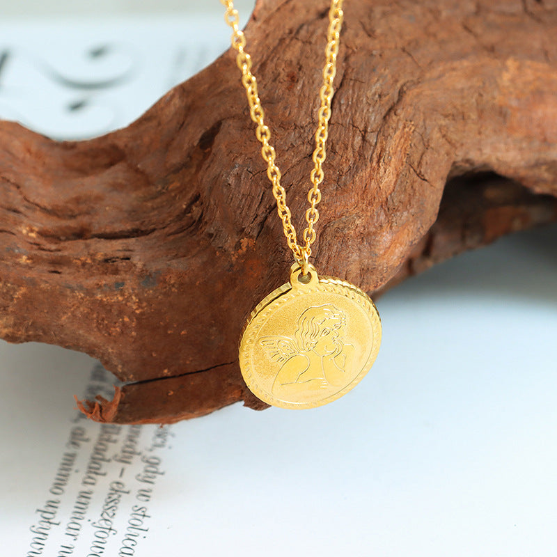 Golden Angelic Round Necklace - Women's Titanium Steel Collarbone Chain
