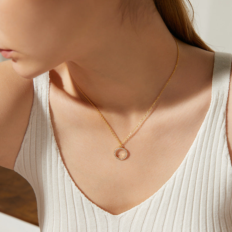 14k Gold Plated Zircon Circle Necklace for Women - European & American Style Geo Pendant