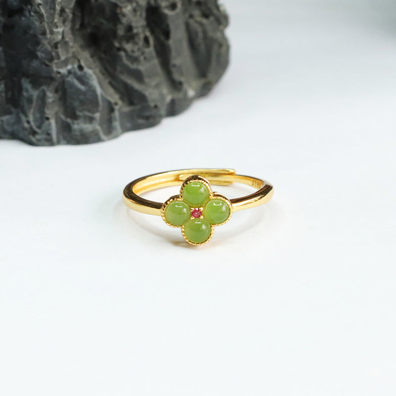 Fortune's Favor S925 Silver Natural Hotan Jade Four Leaf Clover Jasper Ring
