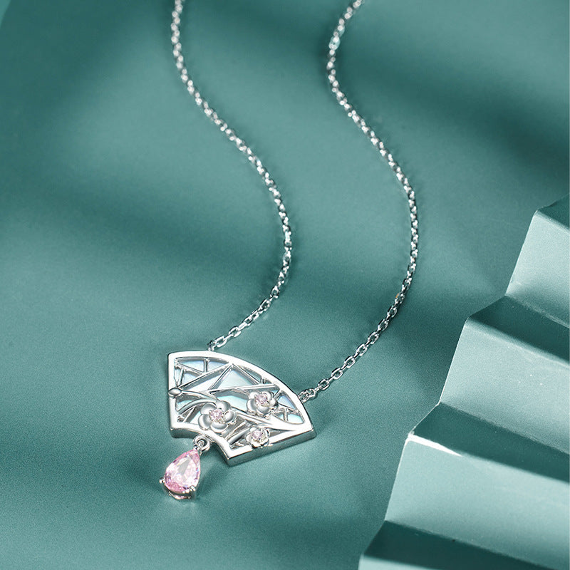 Plum Flower Pattern Fan Pendant Pear Shape Pink Zircon Sterling Silver Necklace