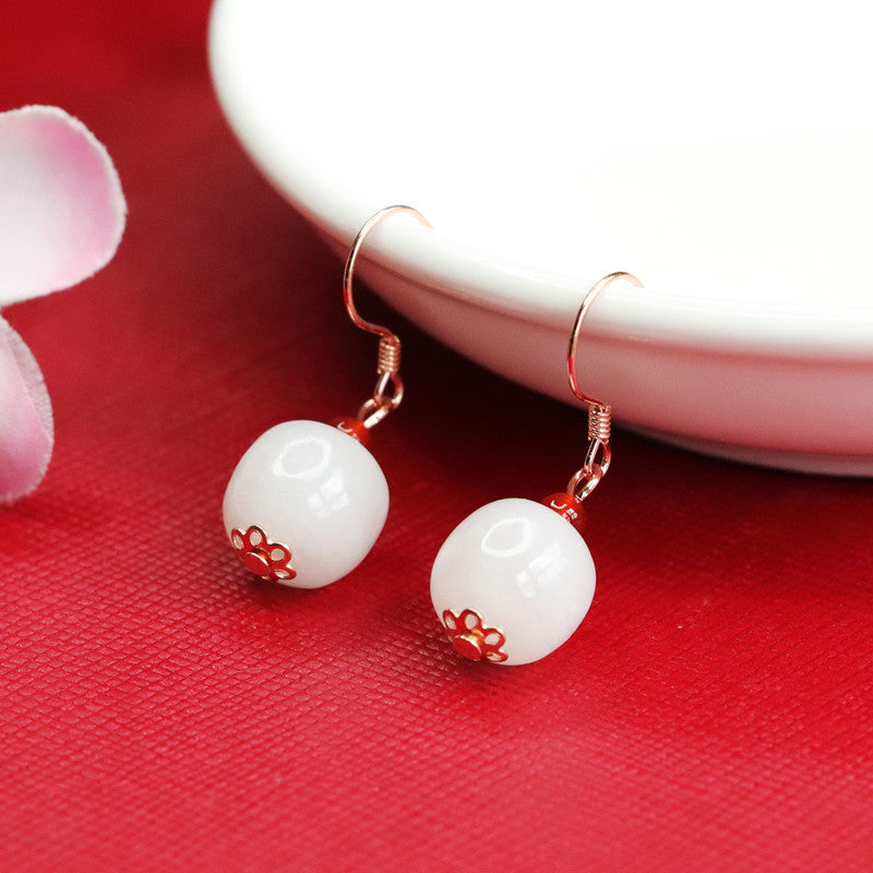 Sterling Silver Natural Hetian White Jade Earrings