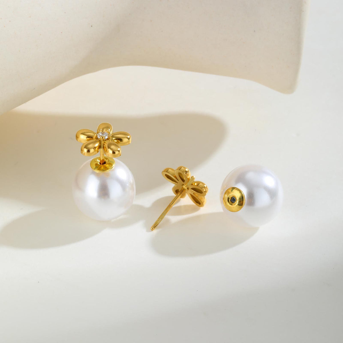 Stainless Steel Zircon Pearl Floral Earrings