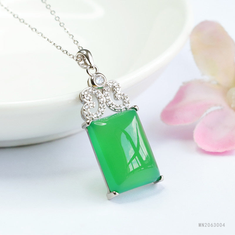Green Chalcedony Peace Plaque Silver Pendant — No Chain
