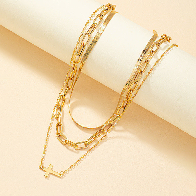 Korean Style Triple Metal Chain Cross Pendant Necklace - Elegant Collarbone Jewelry
